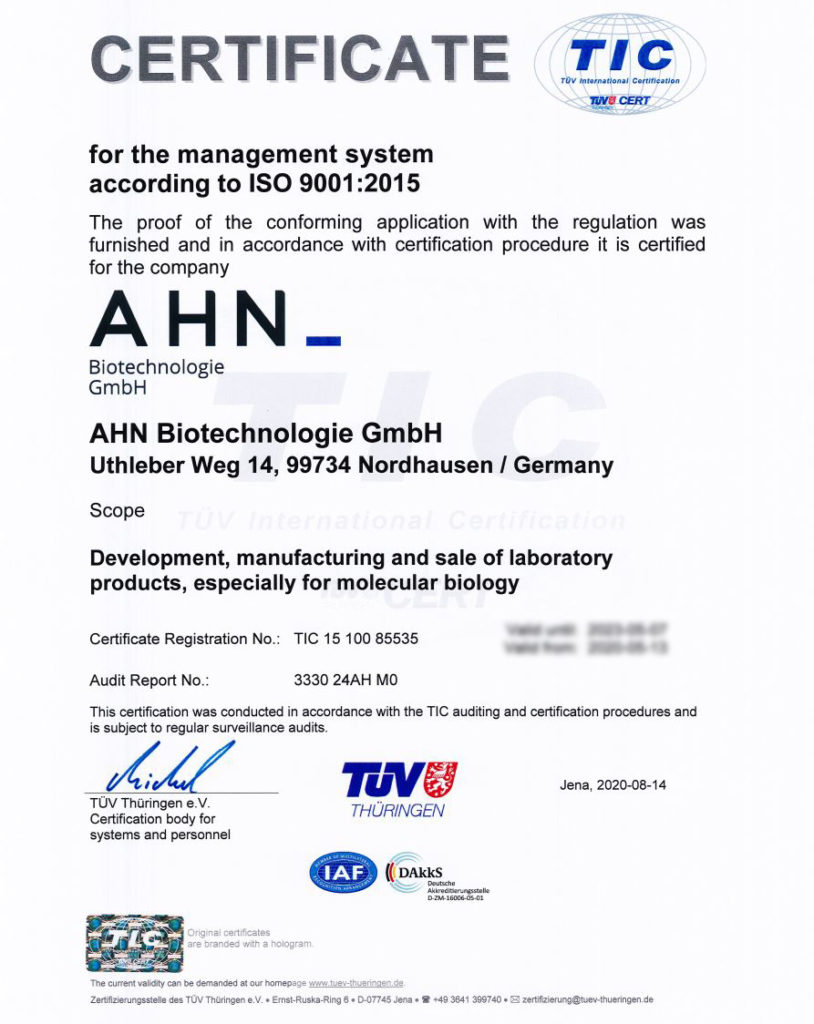 AHN Biotechnologie GmbH: Your Innovative Biotechnology Solutions | Certificates